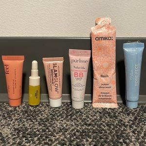 Hair mask, Mud Mask, SPF Moisturizer, Serum Oil, Primer, and Lip Balm